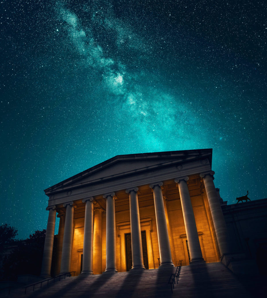 Washington DC museum on a dramatic night showing the Milky Way
