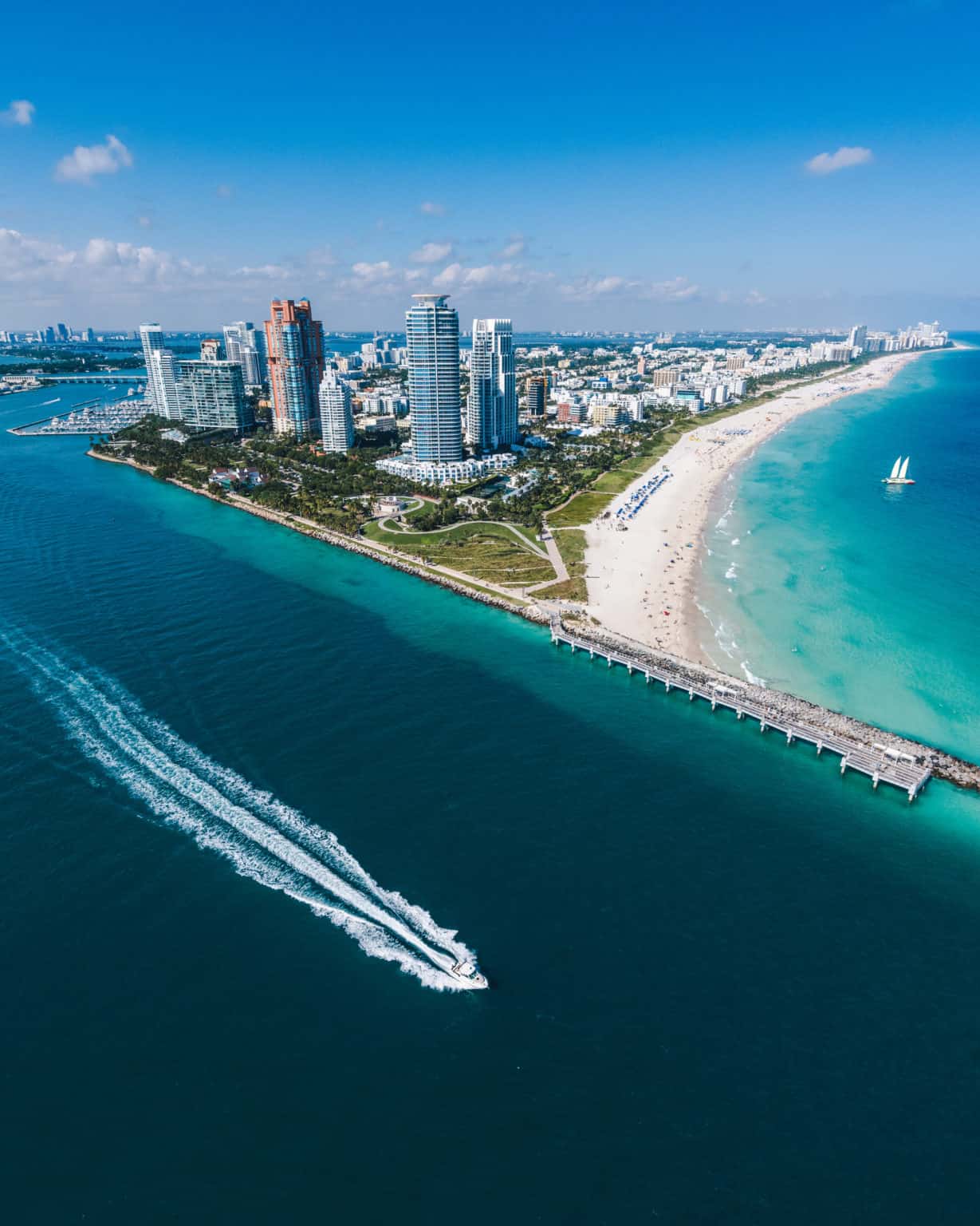 Aerial view of Miami Beach with speedboat in view