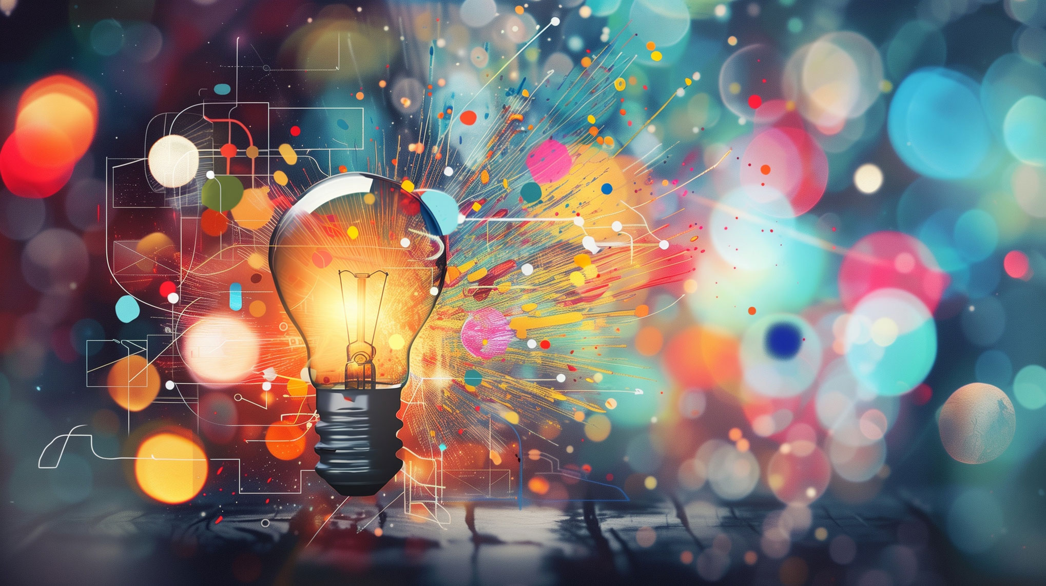 AI generated image showing a light bulb and bursts of colored lines
