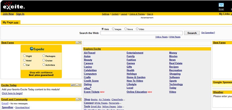 Excite Search Engine Homepage