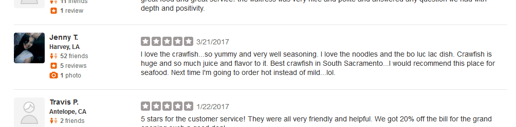 Example of Filtered Yelp Review