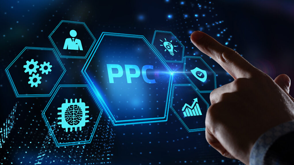 Illustration of hexagons showing gear, silhouette, and chart icons with PPC in the center hexagon and a hand touching the center