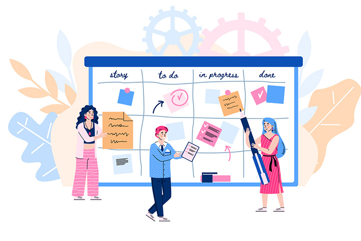 Illustration of people standing in front of an oversized calendar with notes and sticky notes on it.