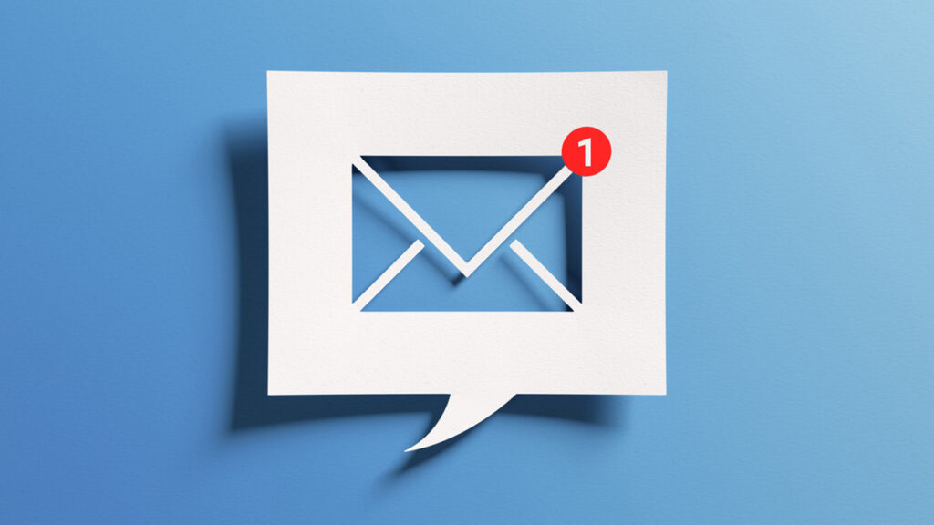 Image of an illustration of a speech bubble that has an envelope icon cut out of the middle of it