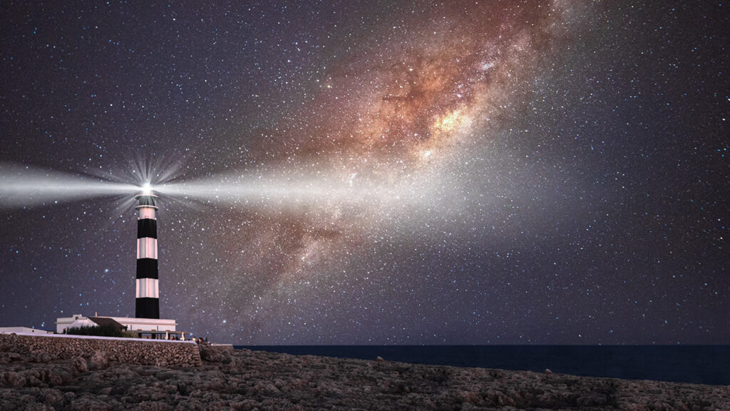 Lighthouse at night placed over a large image of the Milky Way galaxy