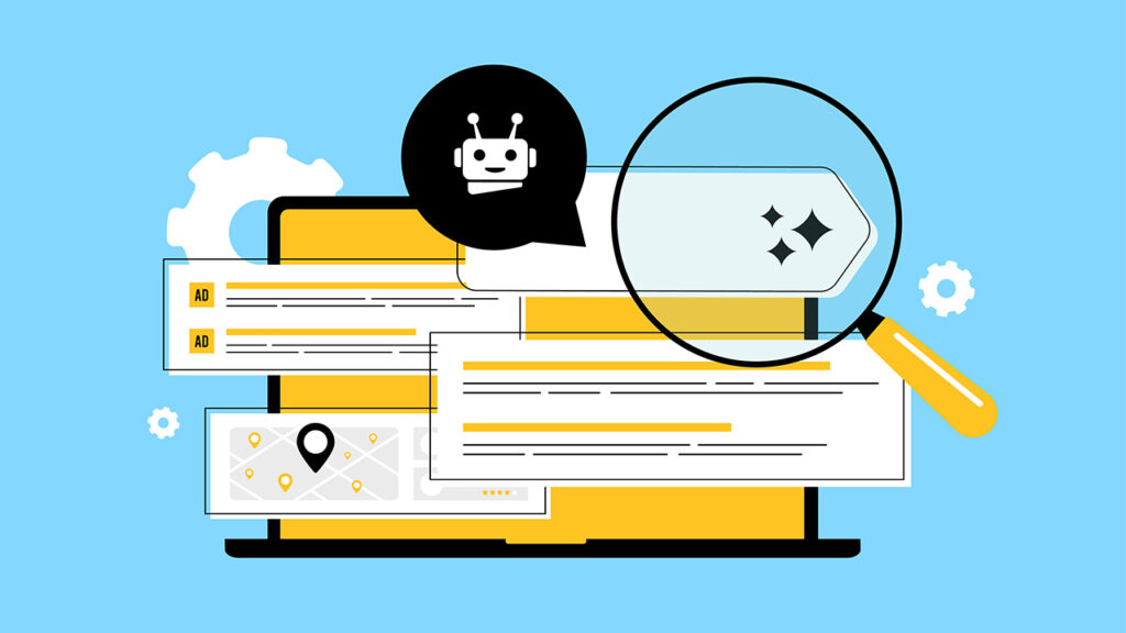 Illustration of search result elements including ads, maps location, and site links