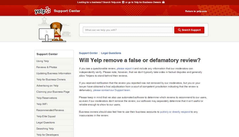 Will Yelp remove a false or defamatory review?